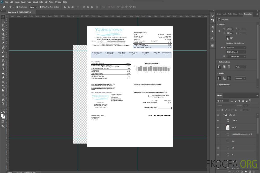 Modèle de facture de services publics du Département des eaux de Youngstown des États-Unis aux formats Word et PDF template